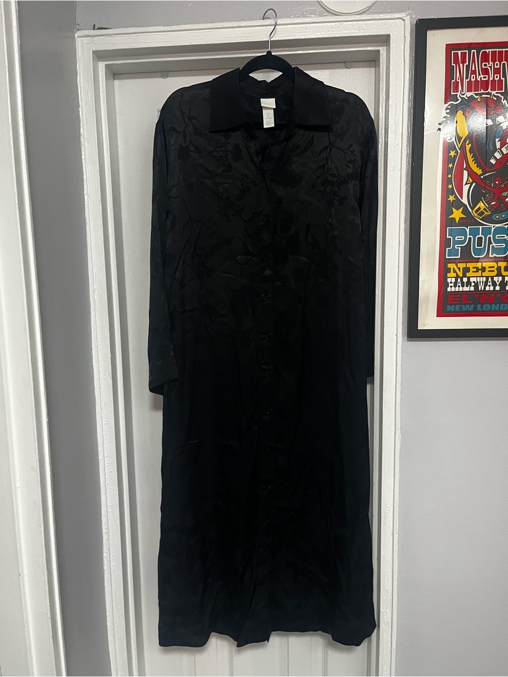 NWOT H&M Long Floral  Black Satin Button-Up Dress